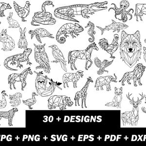 Könnte beinhalten: Eine Sammlung von über 30 geometrischen Tierdesigns in Schwarz und Weiß. Das Bild zeigt eine Vielzahl von Tieren wie Wolf, Tiger, Giraffe und Pferd. Der Text "30 + DESIGNS" wird in einem schwarzen Rechteck mit Dateitypoptionen darunter angezeigt.
