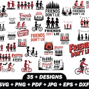 May include: A collection of red and black graphic designs featuring children, bicycles, and the phrase "Friends Don't Lie." The designs include silhouettes of children holding hands, riding bikes, and scenes in forests. The image also includes the text "35 + DESIGNS" and file type options.