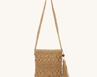 Boho Umhängetasche aus gewebtem Stroh - Leichte Sommer-Umhängetasche - Beige / Braun
