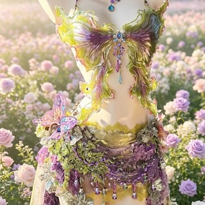 May include: A butterfly-shaped bodice in shades of green and purple with iridescent wings, paired with a layered skirt featuring lace, floral appliques, and dangling beads. A matching choker necklace with purple roses and blue crystals completes the set.