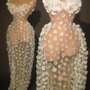Könnte beinhalten: Ein bodenlanges, transparentes Kleid mit einem Korsett-Oberteil, das mit weißen Blumenapplikationen und verstreuten klaren Kristallen verziert ist. Der Rock besteht aus durchscheinendem Stoff, der durchgehend mit zahlreichen kleinen weißen Blütenblättern besetzt ist.