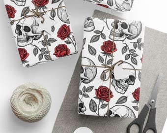 Skull and Roses Wrapping Paper, Goth Halloween Gift Wrap