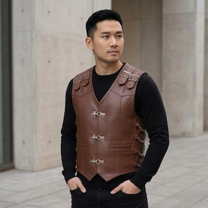 May include: Brown leather vest with silver-colored buckles and clasps. The vest has a V-neck design and is worn over a black long-sleeve shirt. The vest features decorative chain detailing on the sides.