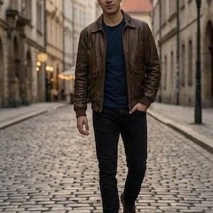 Vintage Men's Brown Distressed Leather Bomber Jacket – Retro A2 Style Flight Jacket, Rugged Leather Aviator, Classic 90s Streetwear Coat