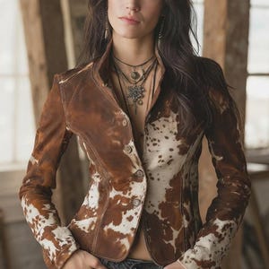 May include: A fitted jacket featuring a brown and white cowhide print pattern with a high collar and a front button closure. The jacket has long sleeves and is paired with dark grey denim jeans. The garment is worn with layered necklaces.