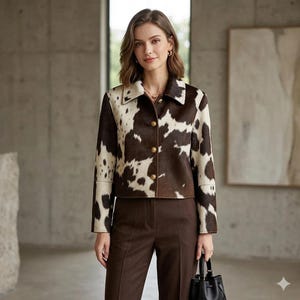 Genuine Cowhide Pattern Jacket, Western Style Print Cropped Coat, Boho Chic Leather Look Jacket, Trendy Fall Outerwear, Gift for Her