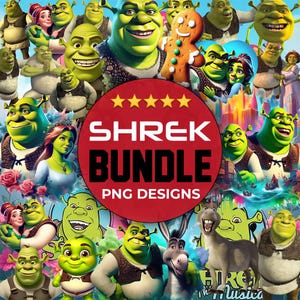 May include: A vibrant digital art bundle featuring various characters from the animated movie "Shrek." The image includes Shrek, Fiona, Donkey, and other characters, with the text "Shrek Bundle PNG Designs" in a red circle.