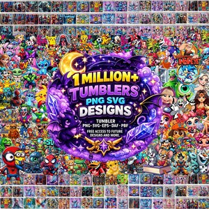 Puede incluir: Un collage digital de numerosos personajes de dibujos animados y cultura pop que rodea un emblema morado central con el texto 1 MILLION+ TUMBLERS PNG SVG DESIGNS, TUMBLER PNG-SVG-EPS-DAF-PBF y FREE ACCESS TO FUTURE DESIGNS AND MORE.