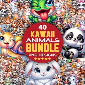 May include: A collection of 40 kawaii animal PNG designs. The image features a variety of cute, cartoon-style animals, including a panda, frog, snail, and bunny. A red circle in the center displays the text "40 Kawaii Animals Bundle PNG Designs."