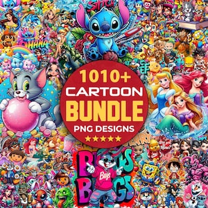 May include: A vibrant collage of cartoon characters, including Stitch, Tom, Bugs Bunny, and Disney princesses. The image features the text "1010+ Cartoon Bundle PNG Designs" in a red circle with yellow text and stars.