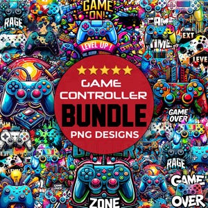 May include: A vibrant digital art collage featuring numerous game controllers in various colors and designs. A large red circle in the center displays the text "Game Controller Bundle PNG Designs" with five gold stars above it. The background is a colorful mix of gaming-themed graphics.