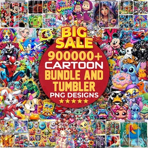 May include: A vibrant collage of cartoon character designs, including Mickey Mouse, Spider-Man, and SpongeBob. The image features a large red circle with the text "BIG SALE" and "900000+ CARTOON BUNDLE AND TUMBLER PNG DESIGNS."