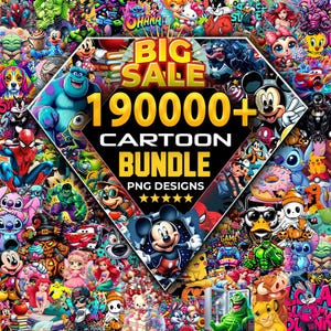 May include: A vibrant collage of cartoon characters, including Mickey Mouse, Spider-Man, and others, forms the background for a diamond-shaped graphic. The graphic reads "BIG SALE 190000+ CARTOON BUNDLE PNG DESIGNS" in yellow and white text.