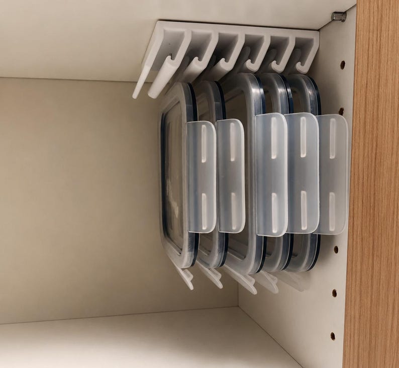 Op de afbeelding: Een wit plastic opbergrek voor onder een plank, gemonteerd aan de bovenkant van een kast, met vier rechthoekige deksels voor voedselcontainers in een verticale, hangende positie. De deksels zijn doorzichtig met doorschijnende witte sluitlipjes.