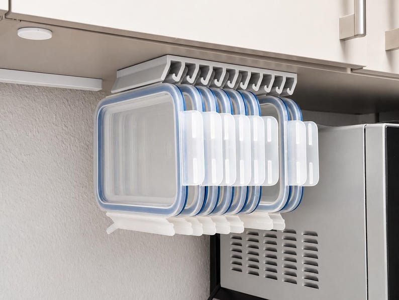 Op de afbeelding: Een lichtgrijs opbergrek voor onder een kastje met zes rechthoekige, doorzichtige plastic bewaarbakjes met blauwe siliconen afdichtingen en witte sluitclips, opgehangen aan een rail onder een keukenkastplank.