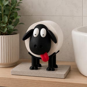 Op de afbeelding: Een zwart-witte toiletrolhouder in de vorm van een schaap, met een zwarte kop, grote witte ogen, een uitgestoken rode tong en vier zwarte poten. Het lichaam van het schaap wordt gevormd door een rol wit toiletpapier in de houder.