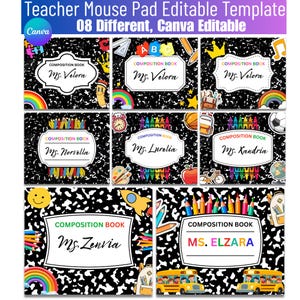 Pode incluir: Uma coleção de oito designs de mouse pads para professores com o tema de um caderno de composição. Cada pad apresenta um nome, como "Ms. Velora" ou "Ms. Zenvia", e gráficos escolares. O texto "Teacher Mouse Pad Editable Template" está no topo.