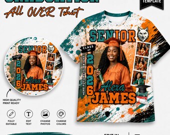 Afstuderen all-over print T-shirt canvassjabloon, oranje senior aangepaste foto AOP tshirt bewerkbaar, bootleg rap-shirt, klasse van 2026 sublimatie