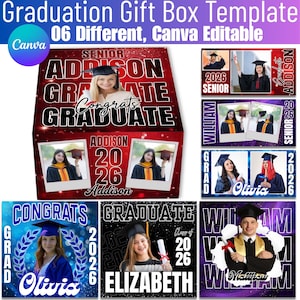 May include: A graduation gift box template with customizable designs. The design includes photos, names, and the year 2026. The box features the words "Congrats Graduate" and "Senior". The template is editable using Canva.