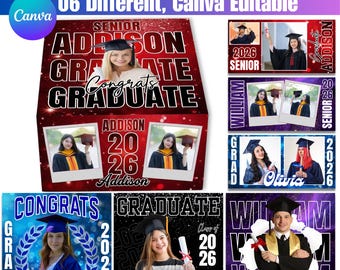 卒業式用編集可能ギフトボックステンプレート、2026年度卒業式パーティーの記念品ボックス、シニア向けお祝いデコレーション、印刷可能なキャンディボックス、シニア向けおやつボックス