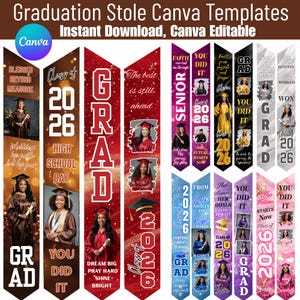 Può includere: Una collezione di modelli di stole per la laurea con vari design e testo. Le stole presentano foto, l'anno 2026 e frasi come "Grad", "Senior" e "You Did It". Il logo Canva è visibile.