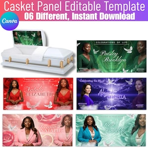 May include: White casket with gold accents and a white interior, alongside six editable casket panel templates. The templates feature photos of women with text such as "Paisley Brooklyn" and "Forever in Your Hearts."