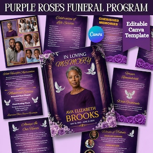 May include: A purple funeral program template featuring a portrait of a person, gold text reading In Loving Memory, Ava Elizabeth Brooks, and dates May 18, 1965 - June 21, 2024. The design includes white doves, purple roses, and columns.