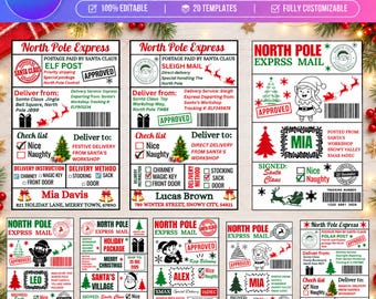 20 Christmas Shipping Label Templates, Editable Canva Shipping Labels, Santa Mail North Pole Labels, Holiday Package Labels, Christmas Label