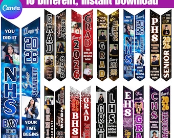 卒業式用ストール10枚セット Canva編集可能テンプレートバンドル、パーソナライズ卒業式用サッシュデザイン、昇華卒業式用ストール、編集可能な女の子用＆男の子用ストール