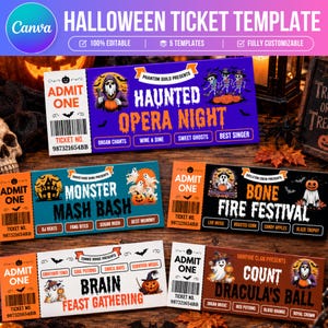 May include: A set of five rectangular Halloween event ticket templates featuring colourful graphics of skeletons, ghosts, and pumpkins. Each ticket includes the text ADMIT ONE, a barcode, and specific event titles like Haunted Opera Night.
