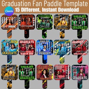 May include: A selection of graduation fan paddle templates. Each fan displays a graduate's photo, the year 2026, and the words "Graduate" or "Senior". The fans have diverse colour schemes and graphic elements, with text that reads "Congratulations".