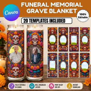 May include: A digital set of 20 editable funeral memorial grave blanket templates featuring vibrant Day of the Dead skull motifs, marigold flowers, and circular or rectangular photo frames. The design includes colorful patterns and space for portraits.
