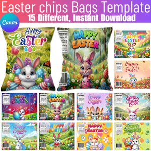 May include: A collection of Easter-themed chip bag templates. The designs feature cartoon bunnies, Easter eggs, and floral backgrounds. Text includes "Happy Easter" and nutritional information. The Canva logo is visible.
