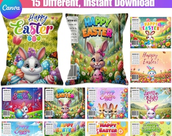 イースターチップスバッグテンプレート15個セット、印刷可能なイースターパーティー用ギフトバッグ、編集可能なCanvaイースタートリートバッグ、イースターエッグスナックバッグPNG、