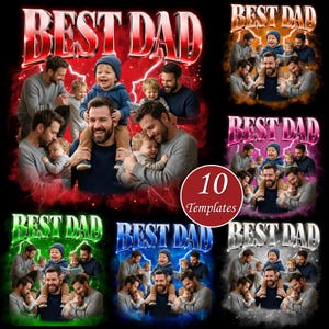Op de afbeelding: Een digitale grafische ontwerpset met 10 sjablonen met de tekst BEST DAD in metallic letters. Elk sjabloon toont verschillende fotografische composities van vaders met kinderen tegen een achtergrond van gekleurde bliksemschichten.