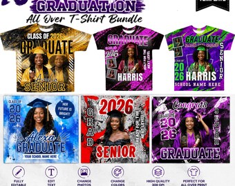 10 senior afstuderen all-over print shirtbundel, bootleg aangepaste foto AOP tshirt canvas sjabloon, klasse van 2026 Instant Download