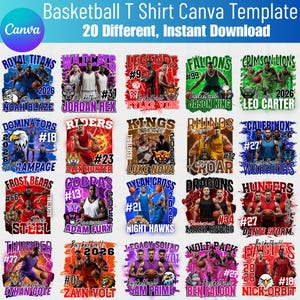 May include: Basketball T-shirt Canva template with 20 different designs. Each design features a team name, player number, and player name. The designs include team names like "Royal Titans", "Wildcats", and "Legends". The text "Canva" is in the upper left corner.