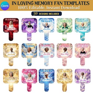Può includere: Una collezione di 30 modelli digitali di ventagli In Loving Memory con vari sfondi celestiali, floreali e nuvolosi. Ogni modello include spazio per un ritratto, nomi e date, con il testo In Loving Memory, Sunrise e Sunset.
