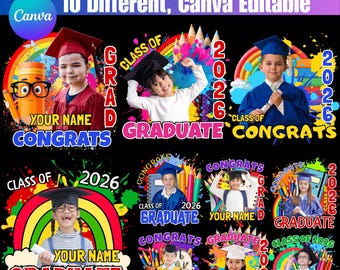 子供向け卒業式テンプレート10種類セット、編集可能なCanva卒業写真デザイン、小学校2026年卒業式用シャツ＆扇子テンプレート