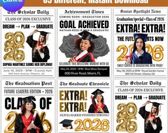 Paquete de plantillas de periódico de graduación de 2026, anuncio de la clase de 2026, gaceta de recuerdo para estudiantes de último año, plantillas editables de Canva