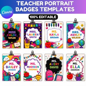 Peut inclure: Un ensemble de huit modèles de badges portrait pour enseignants avec presse-papiers, illustrés de globes, livres, pommes, crayons et sacs à dos colorés. Chaque badge affiche un nom dans un cadre festonné central avec du texte.