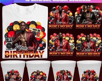 10歳の誕生日キングTシャツCanvaテンプレート、発泡スチロールカップステッカー、男性向け誕生日デザイン、編集可能なテンプレート、赤と黒の風船の誕生日ステッカー