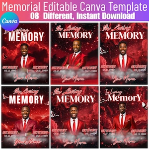May include: A digital memorial template with a red and white color scheme. The design includes the text "In Loving Memory", a photo of a man in a red suit, and the date "05.11.1980". The template is for instant download.