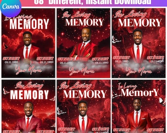 Paquete de plantillas de lienzo rojo conmemorativo 08, diseño de camiseta "En memoria amorosa", homenaje con fondo celestial, camiseta de sublimación para funeral, plantilla editable