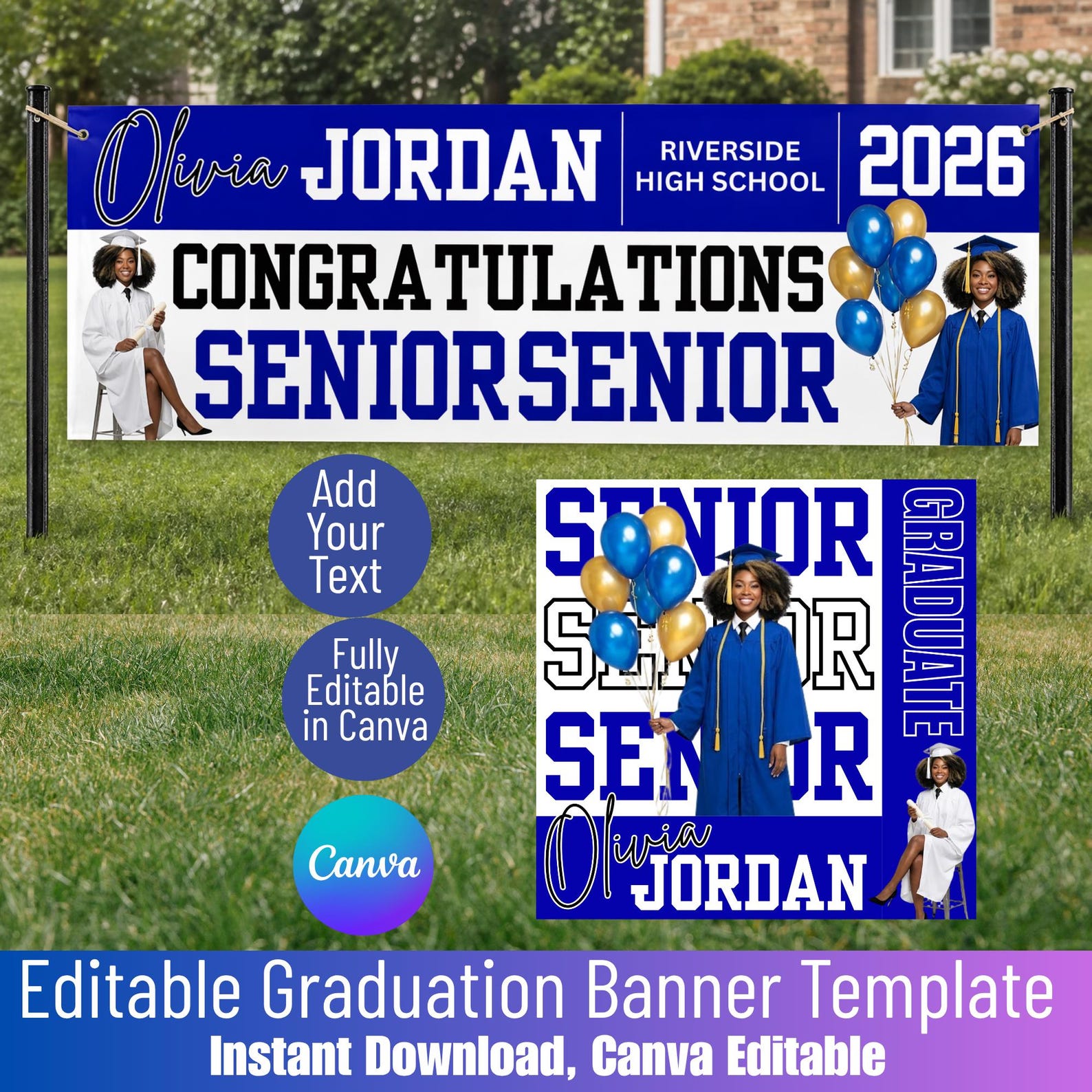 Editable Graduation Banner Template, Senior Yard Sign Canva 2026, Photo ...