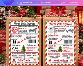 5 Santa Shipping Label Template, Christmas Shipping Label, Editable Canva North Pole Mail Sticker, Santa Gift Package Label, Holiday Mail