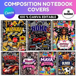 May include: A collection of seven spiral-bound composition notebook covers featuring customizable designs. Themes include construction vehicles, race cars, school supplies, floral patterns, and sports equipment with names like Michael, Noha, Sophia, Ethan, Noah, Maya, and Oliver.