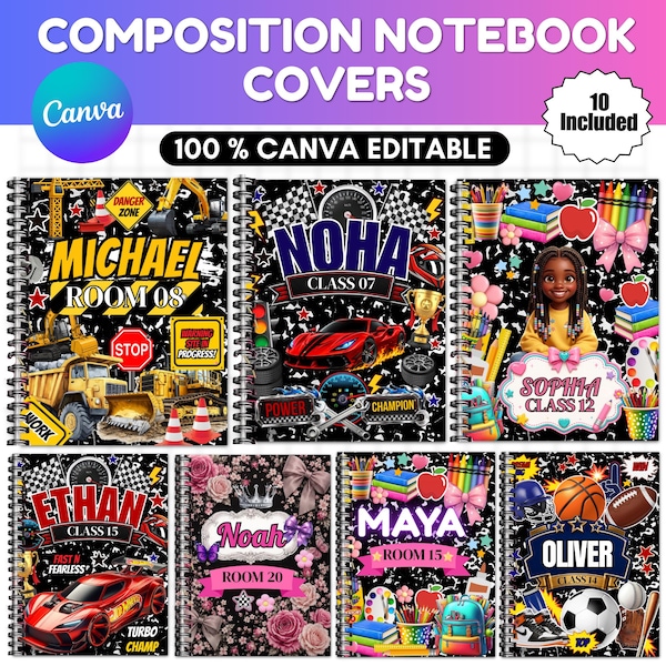 Composition Notebook Covers, Editable Canva Notebook Cover Templates, Printable School Journal Covers, Back to School Binder Bundle