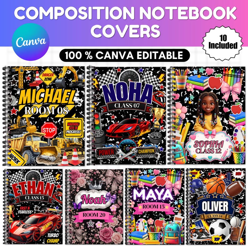 May include: A collection of seven spiral-bound composition notebook covers featuring customizable designs. Themes include construction vehicles, race cars, school supplies, floral patterns, and sports equipment with names like Michael, Noha, Sophia, Ethan, Noah, Maya, and Oliver.