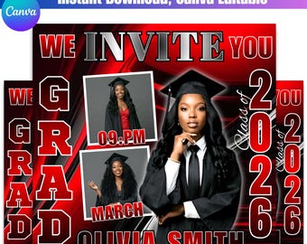 2026年卒業式招待状テンプレート、編集可能なCanvaマガジンスタイルの卒業式招待状、卒業生のお知らせチラシ、卒業パーティー招待状